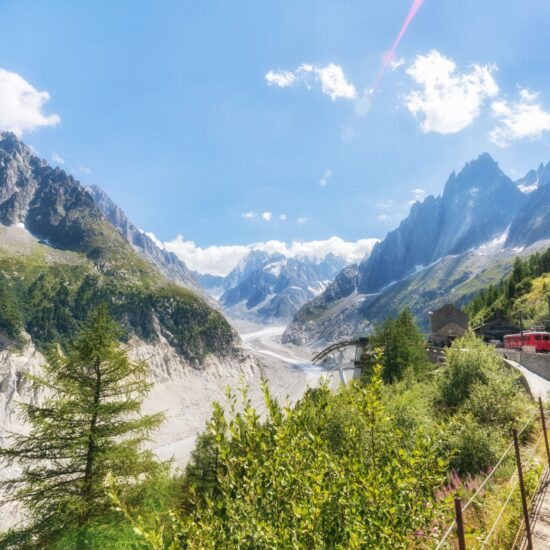 Red Train Going To Montenvers Mer de Glace Station, Mont Blanc Massif, Chamonix, France