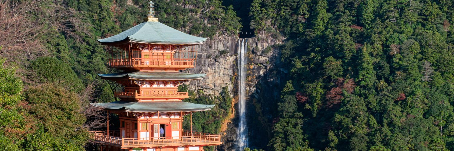 Three-storied pagoda with Nachi Falls in the background, Wakayama Prefecture, Japan
